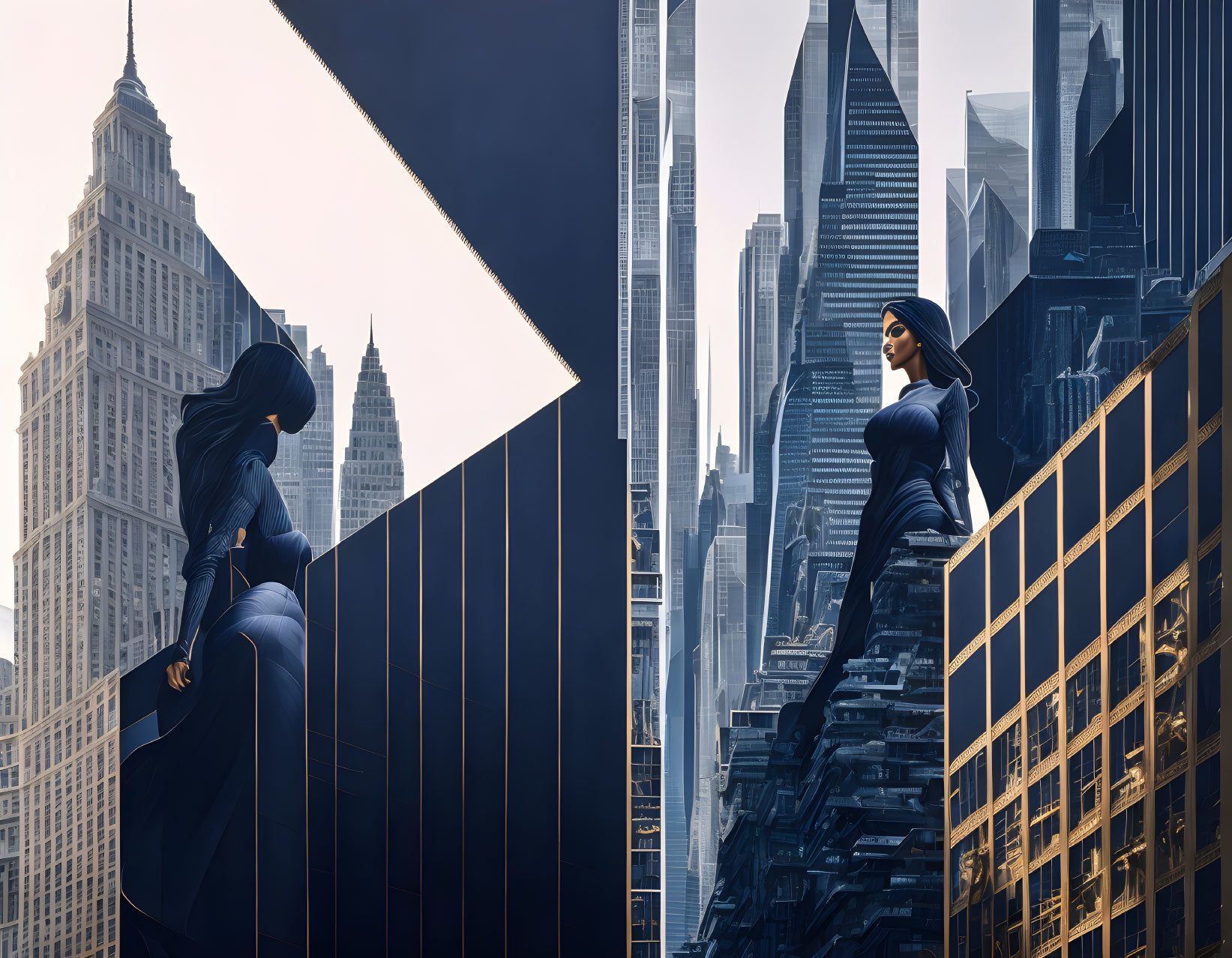 Split image: Woman in blue dress on ledge against classic and modern cityscapes.