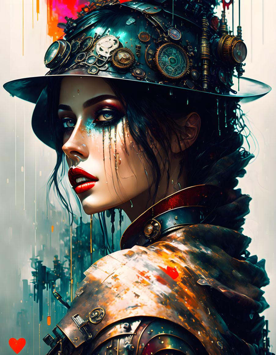 Woman portrait with red lips and steampunk hat on vibrant background