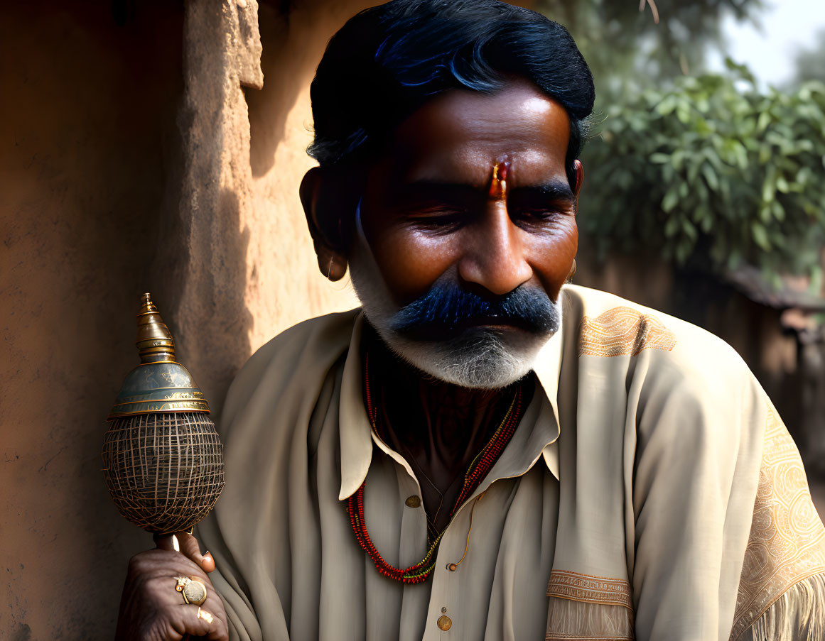 Man with Distinguished Mustache Holding Traditional Scepter-like Object