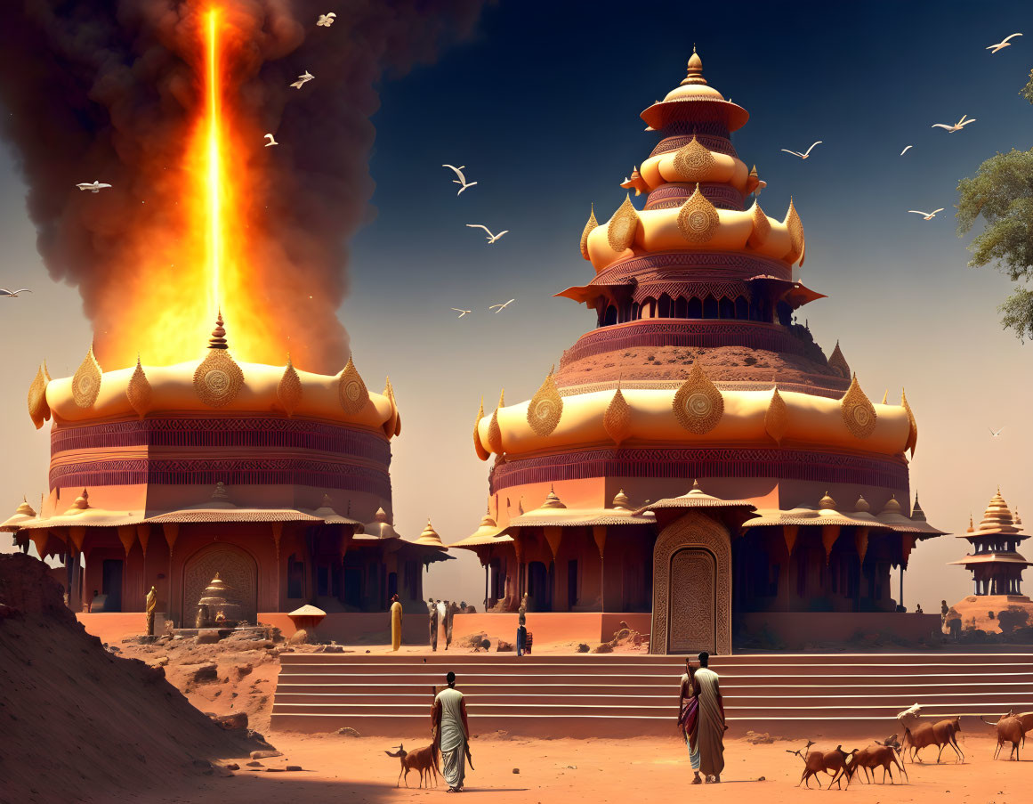 Ornate domed buildings in desert with fiery tornado and hazy sky