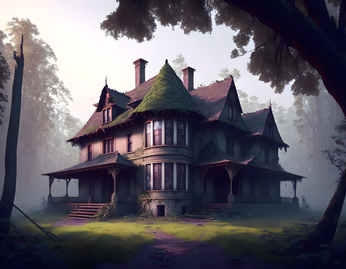 Victorian-style house in misty forest with moss-covered roofs and grand staircase