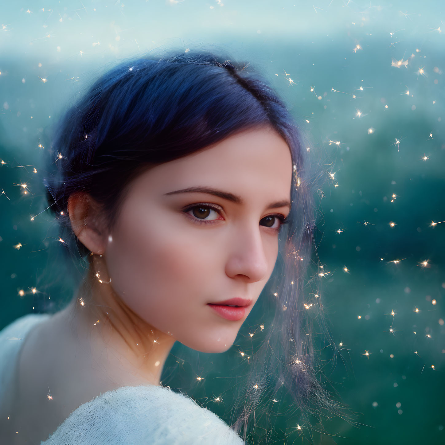 Close-up Portrait: Woman with Dark Hair and Fair Skin in Sparkling Lights on Soft Green Background