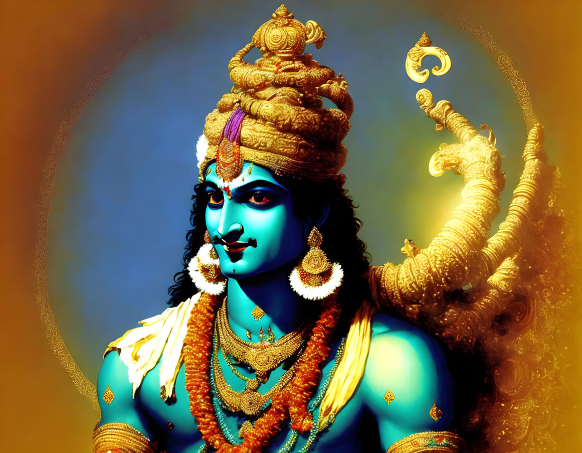 Vibrant artistic portrayal of Hindu deity Krishna with blue skin and gold jewelry