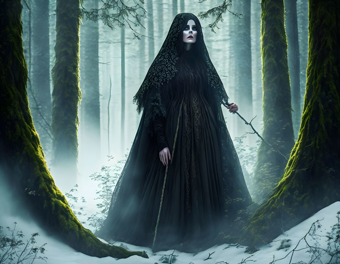 Woman in gothic attire with black veil and staff in misty snow-covered forest