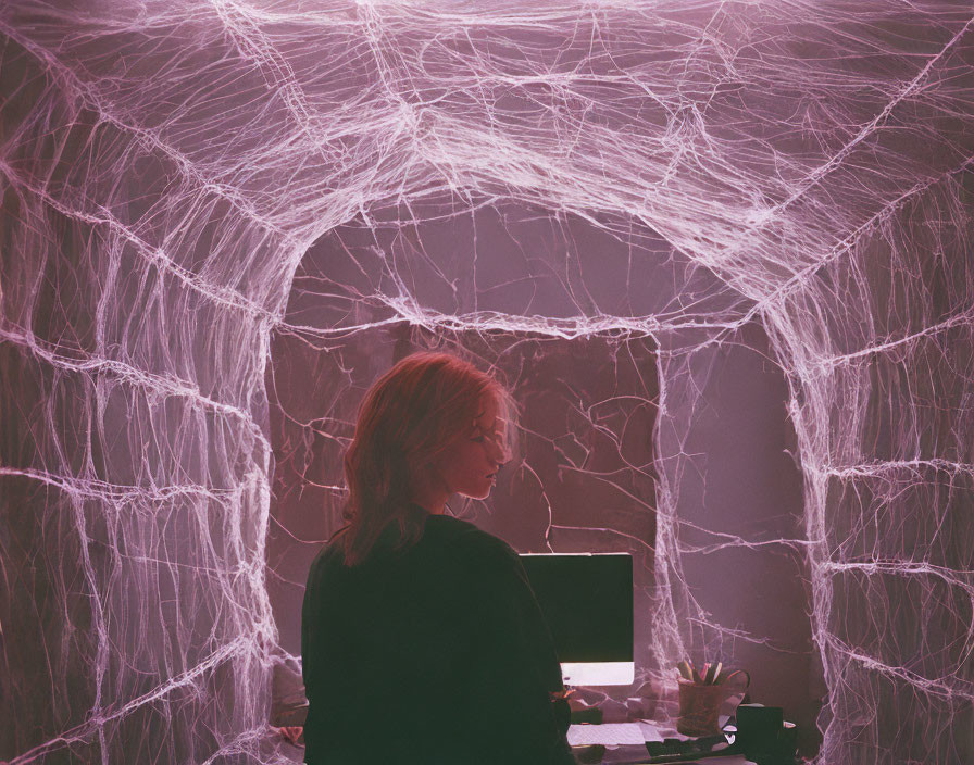 Intricate Glowing Web-Like Strings Surround Person at Desk