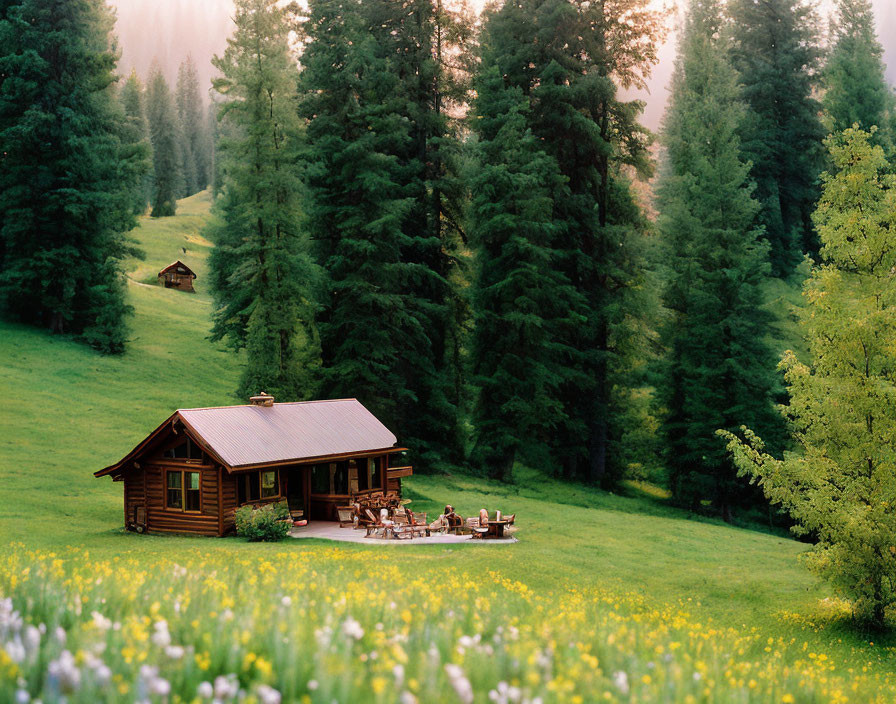 Rustic wooden cabin in green forest with yellow wildflowers