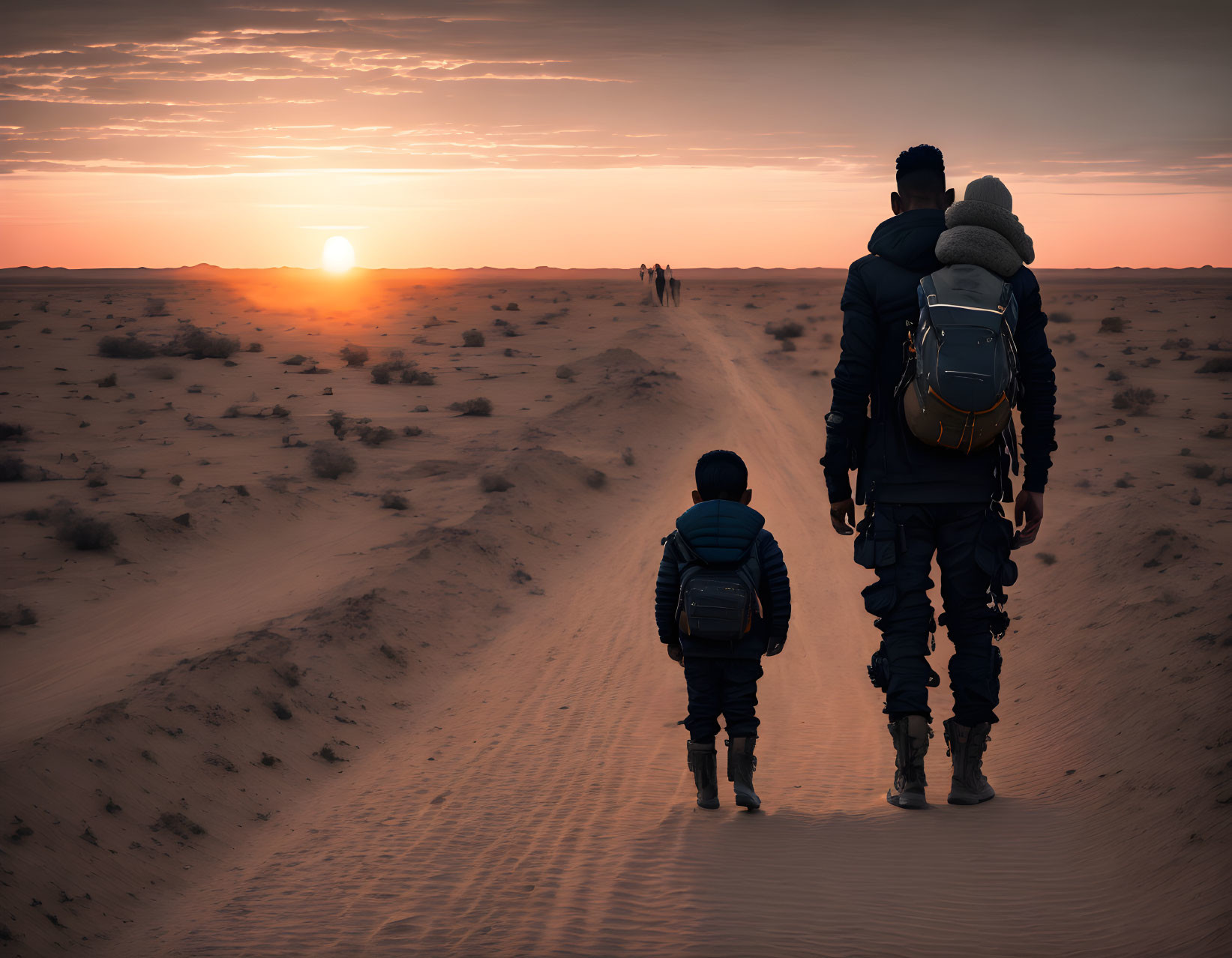 Adult and child walking in desert at sunset with backpacks and winter clothes.