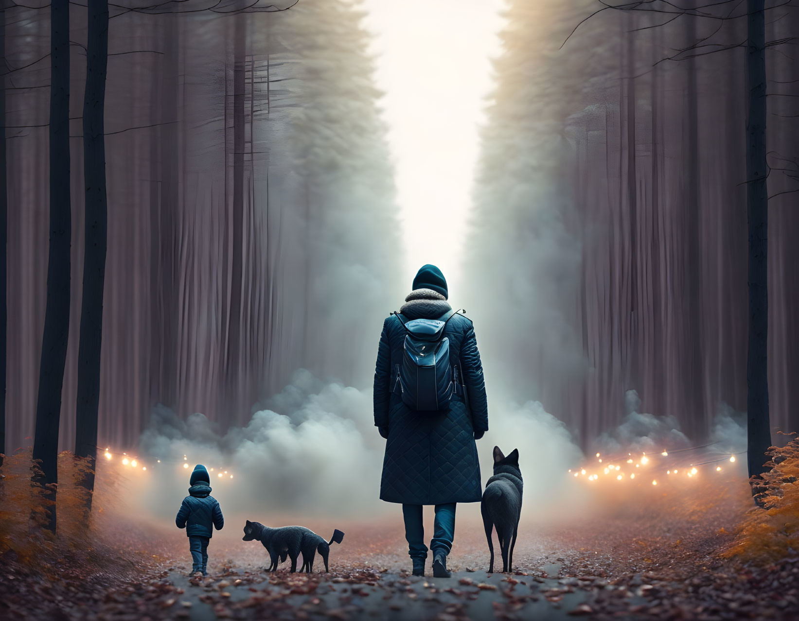 Person, child, dogs walking on foggy forest path with mysterious lights