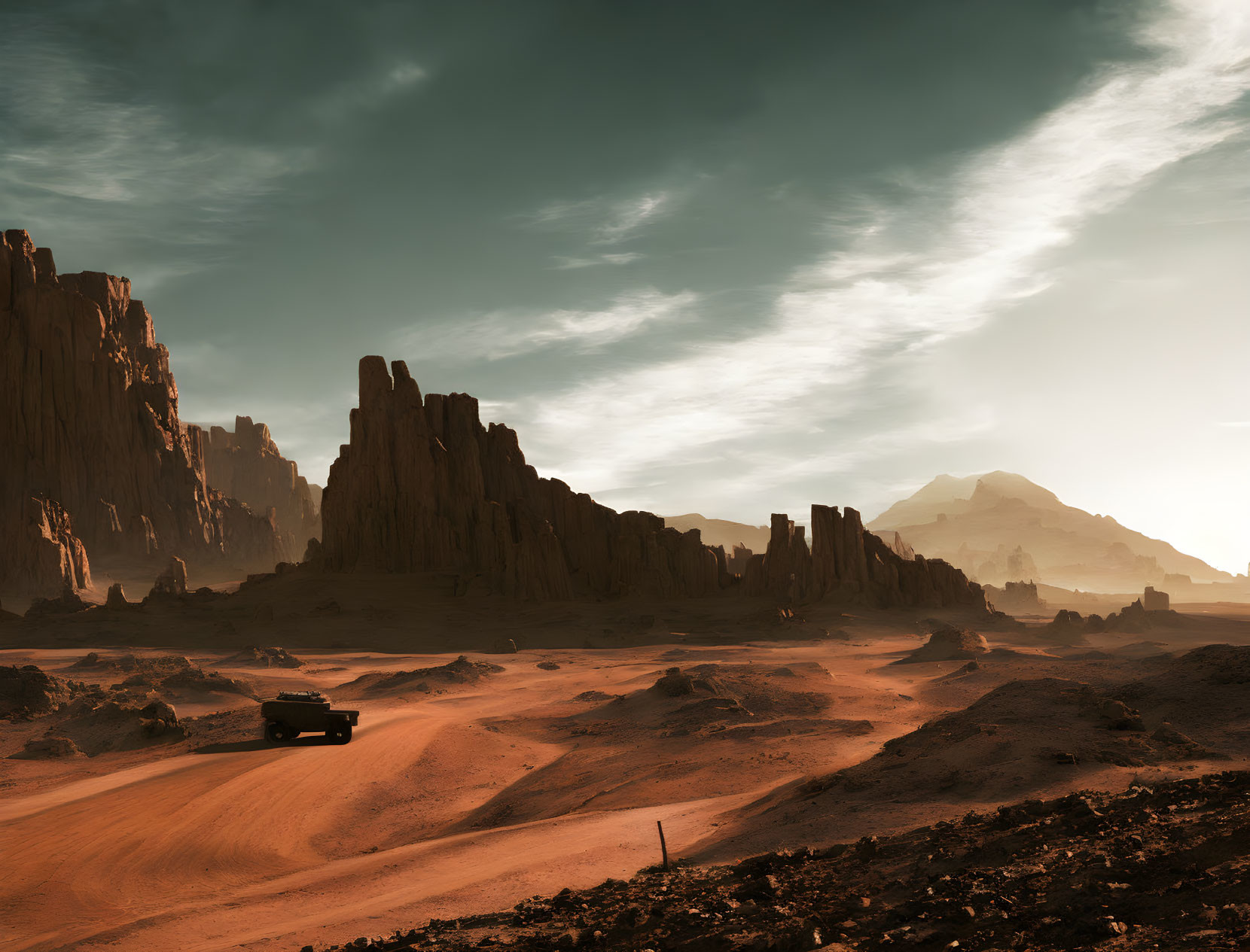 Vehicle driving through vast desert with towering rock formations