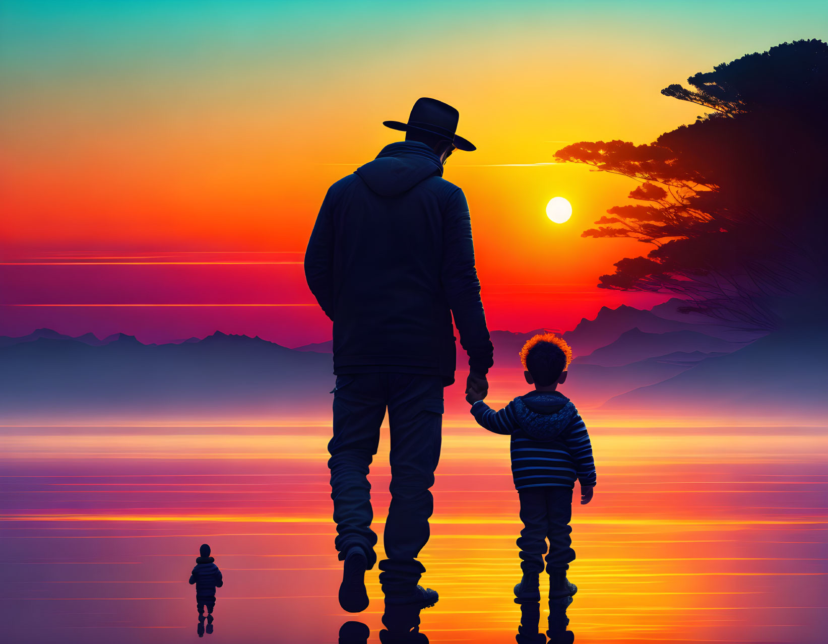 Adult and child walking towards sunset over water with mountain silhouettes