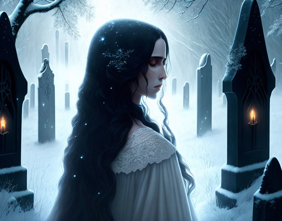 Woman with long black hair in snowy cemetery at night surrounded by candles and tombstones