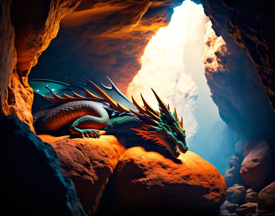 Colorful Dragon Resting in Sunlit Rocky Cavern