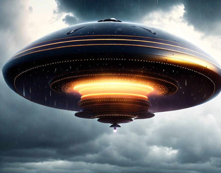 Detailed UFO Hovering Under Stormy Skies with Lights