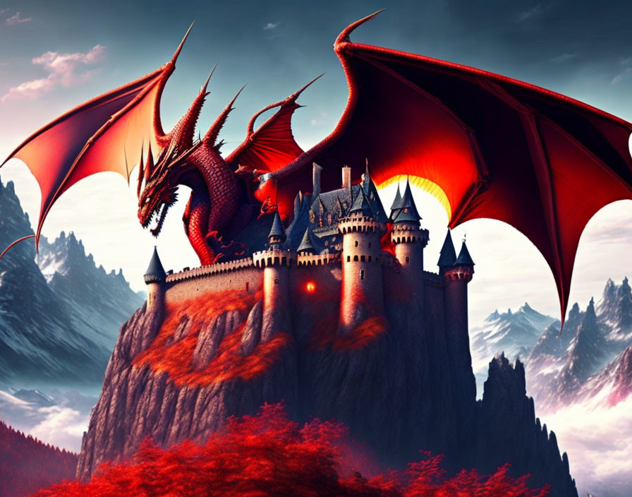 Red dragon perched on castle cliff with mountain peaks in dramatic sky