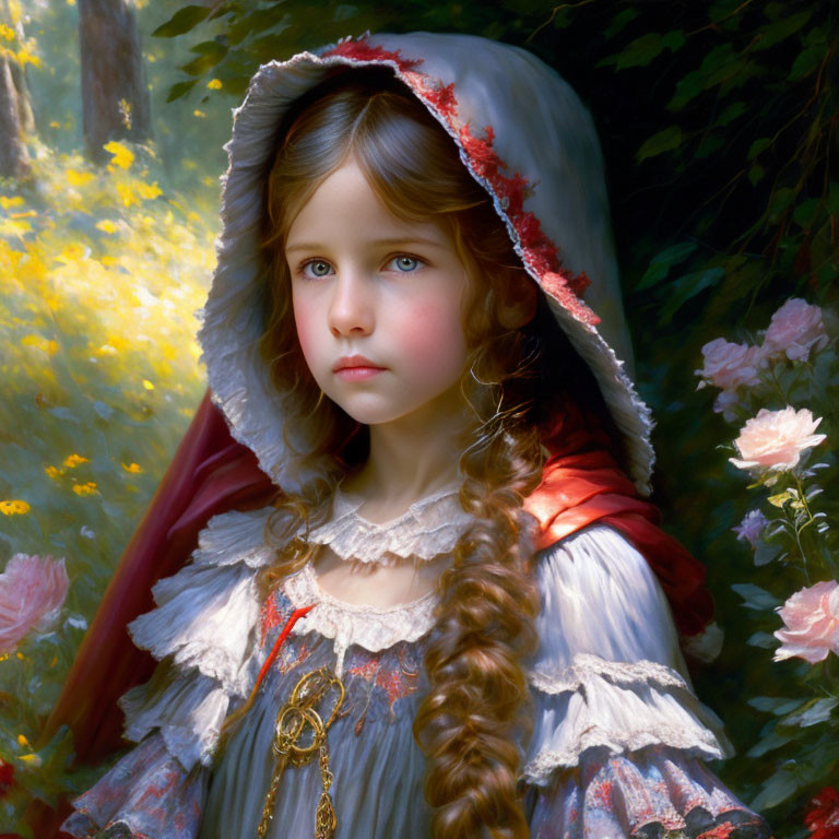 Young girl with blue eyes in red cape, braided brown hair, white dress, amidst flowers