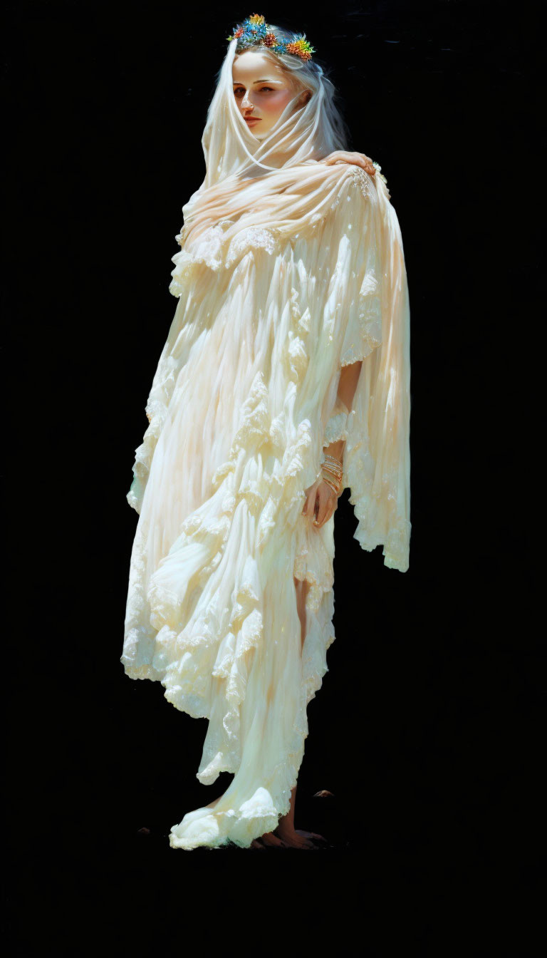 Person in Cream Gown with Floral Crown on Black Background