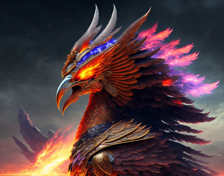 Majestic Phoenix with Fiery Wings and Silver Armor in Ember-filled Sky