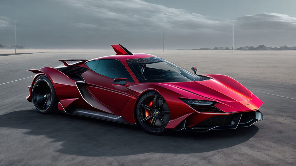 Futuristic red sports car on desert runway