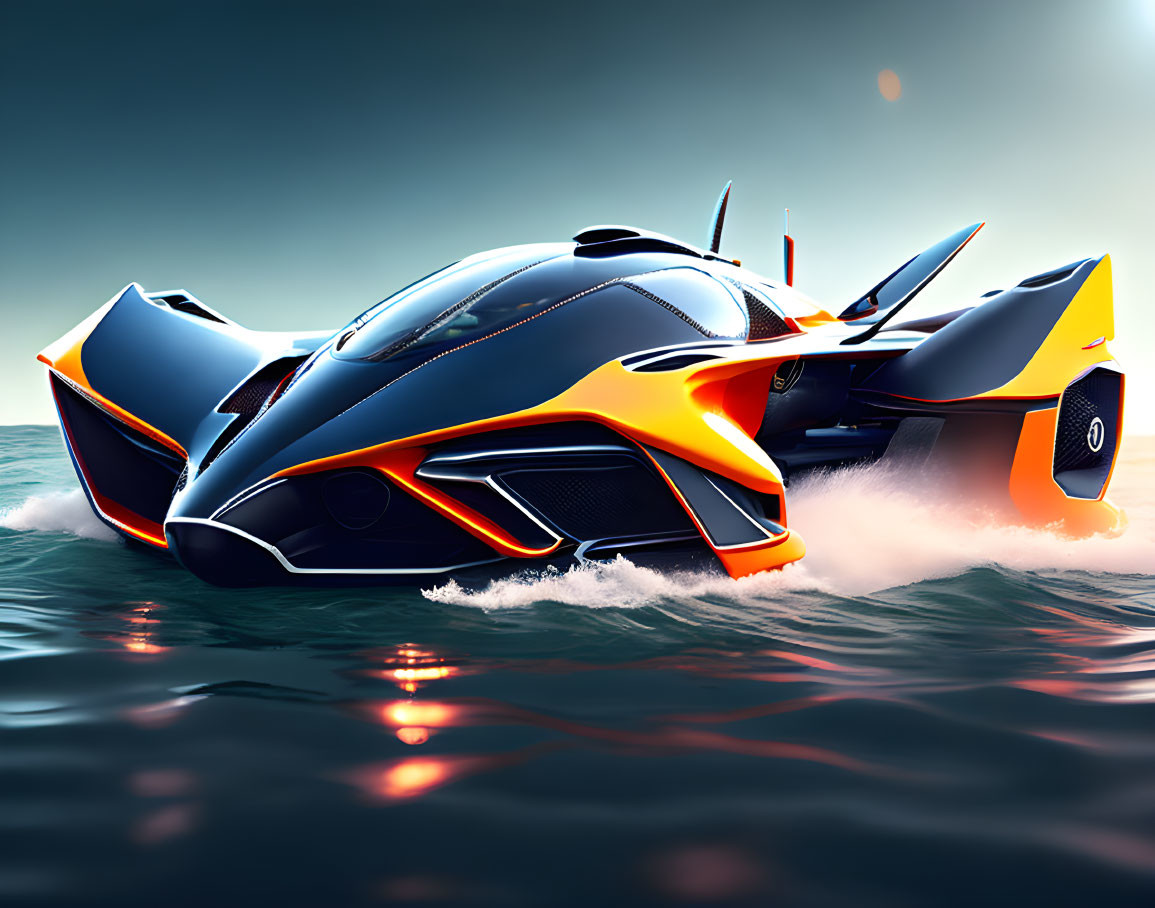 Futuristic orange and blue race car-like boat speeding on water