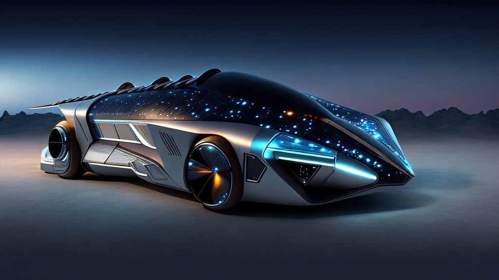 Futuristic car with aerodynamic design under starry sky projection.