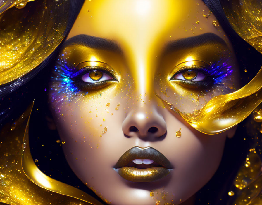 Digital artwork: Woman with golden skin and flowing liquid gold, adorned with blue and purple eye makeup