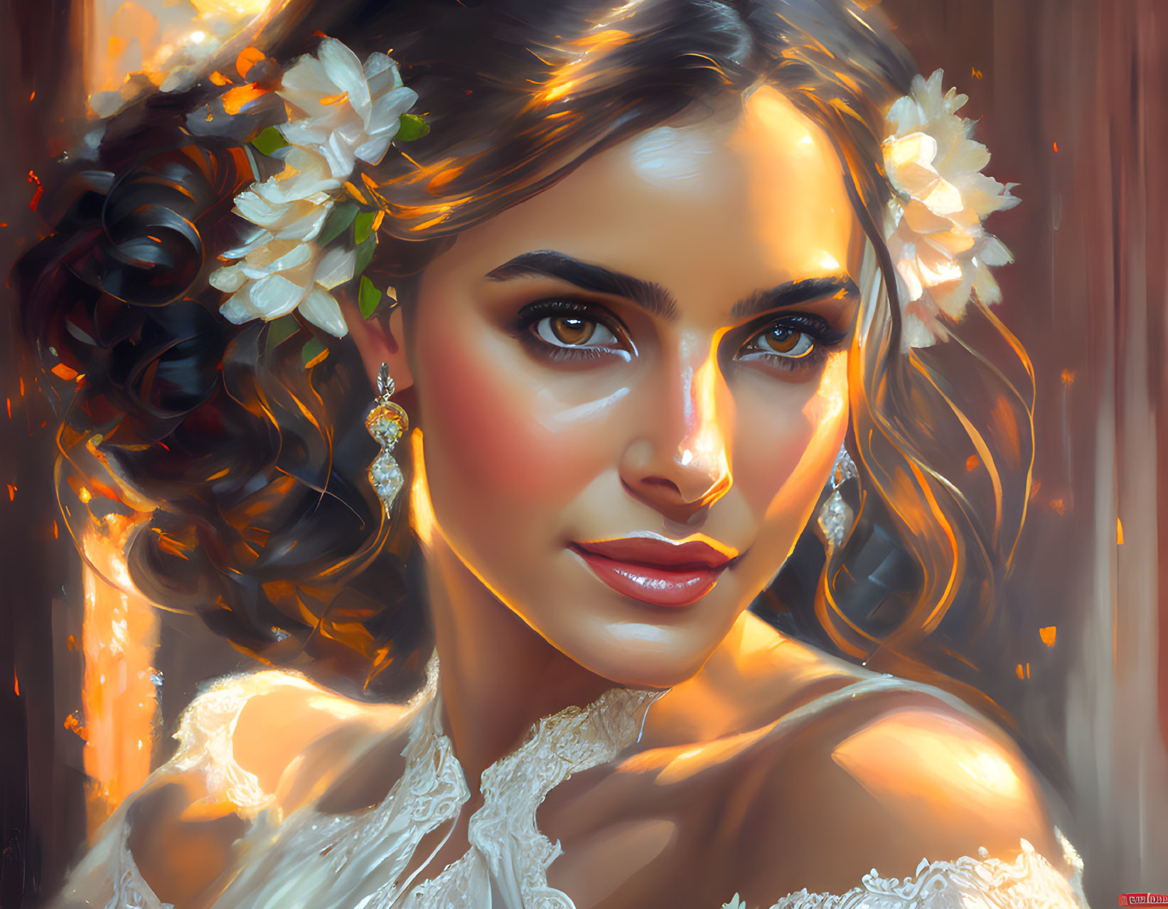 Illustrated portrait of woman with dark curly hair, white flowers, lace dress, and dangle earrings