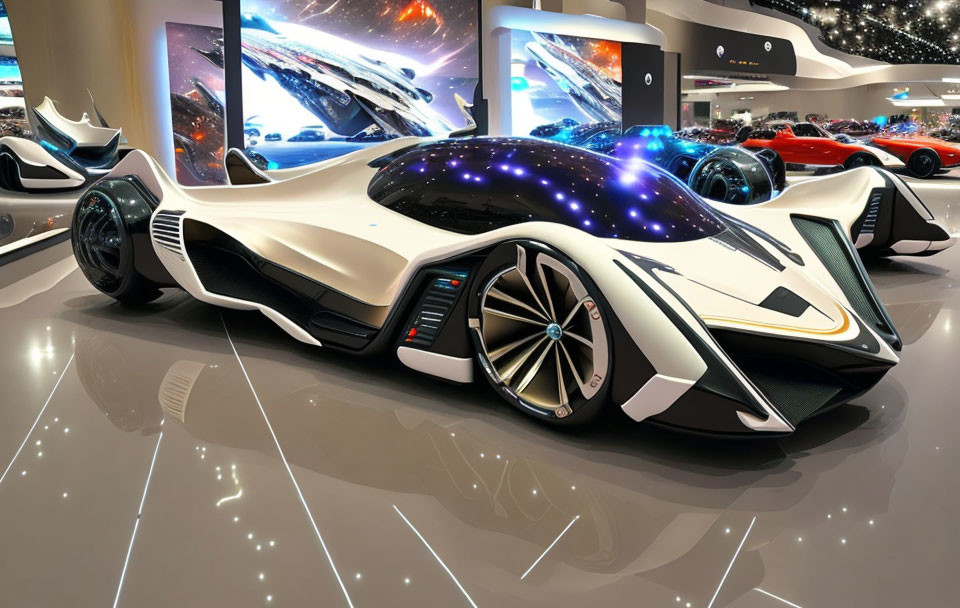 Sleek white concept car with glowing blue accents in futuristic showroom