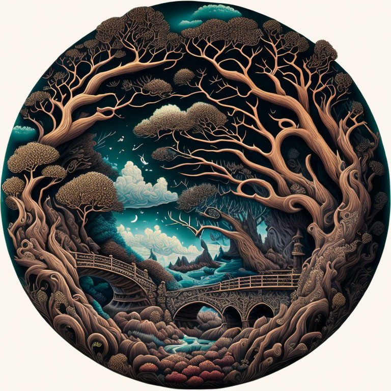 Circular forest scene with tree border, central bridge, and starry sky.