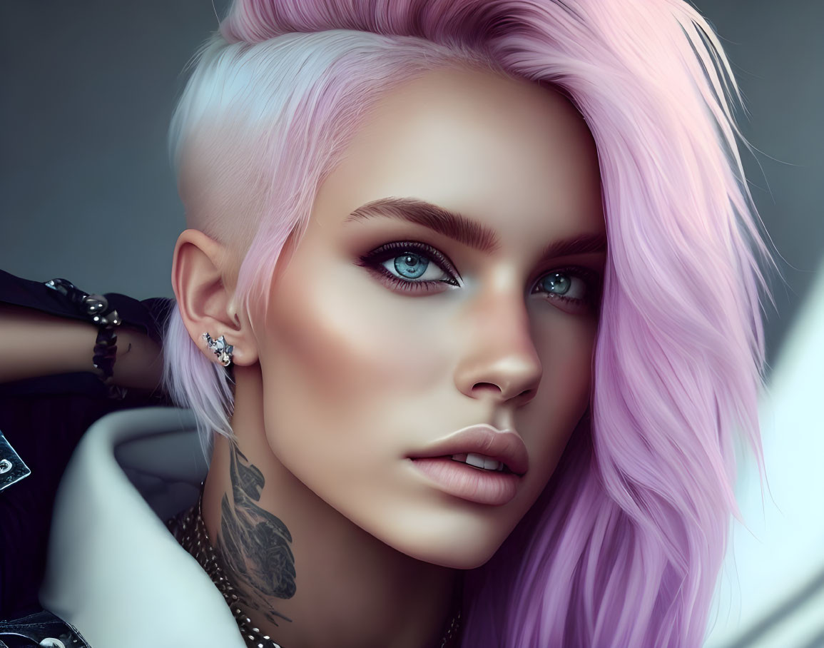 Portrait of a person with blue eyes, pink hair, tattoos, and piercings