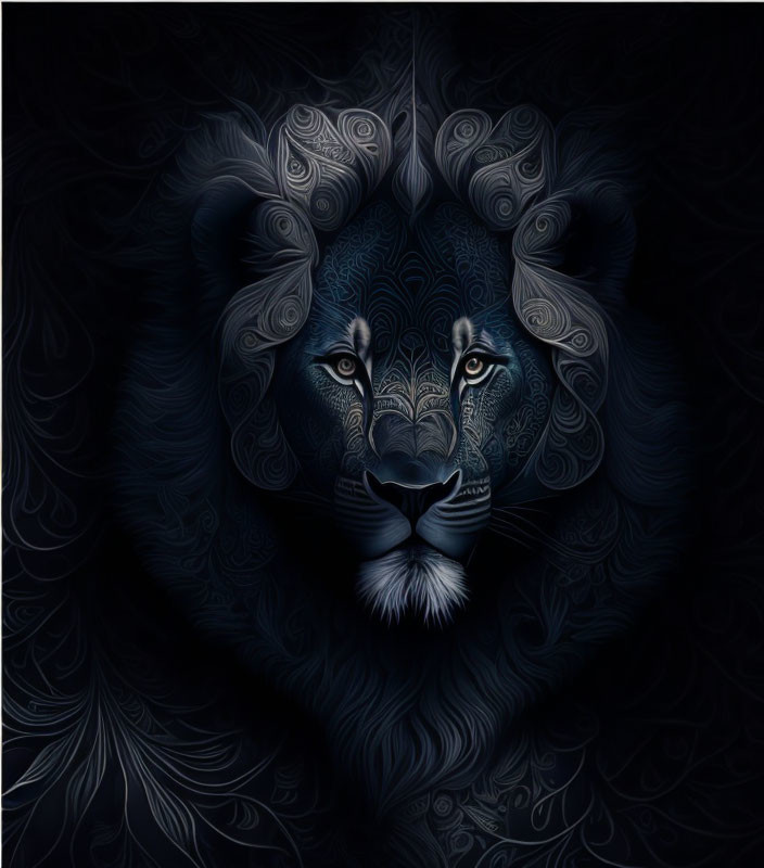 Intricate blue lion artwork on swirling dark backdrop