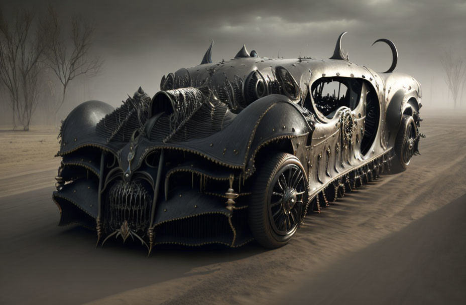 Gothic-style fantasy car with intricate designs and menacing spikes on a foggy landscape