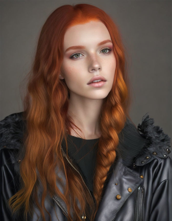 Woman with Long Wavy Red Hair in Dark Studded Jacket