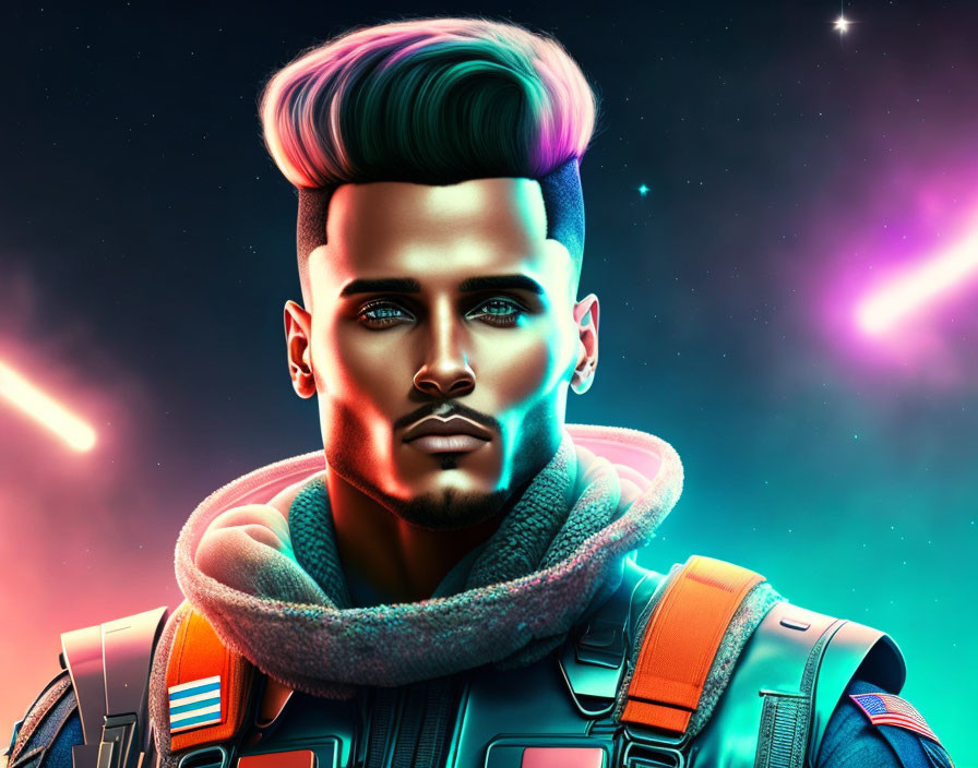 Colorful digital portrait of man with teal hair in futuristic fashion against space-themed backdrop.