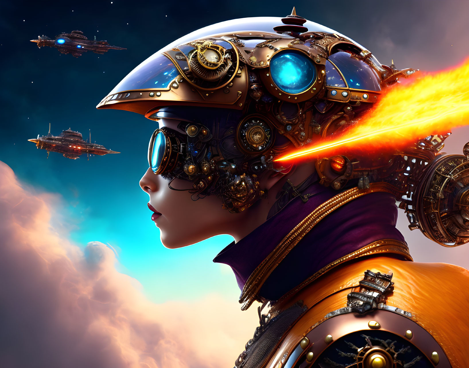 Futuristic steampunk woman with metallic helmet, goggles, spaceship armada, fiery blast.