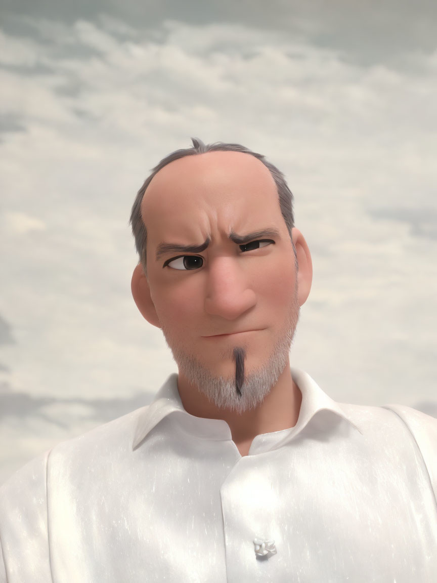 Serious 3D Animated Character with Bald Head and Goatee in White Shirt