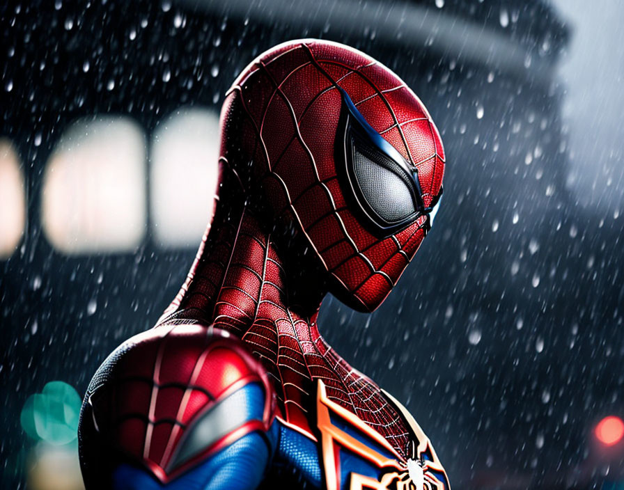 Detailed Close-Up of Superhero in Red and Blue Suit on Rainy Background