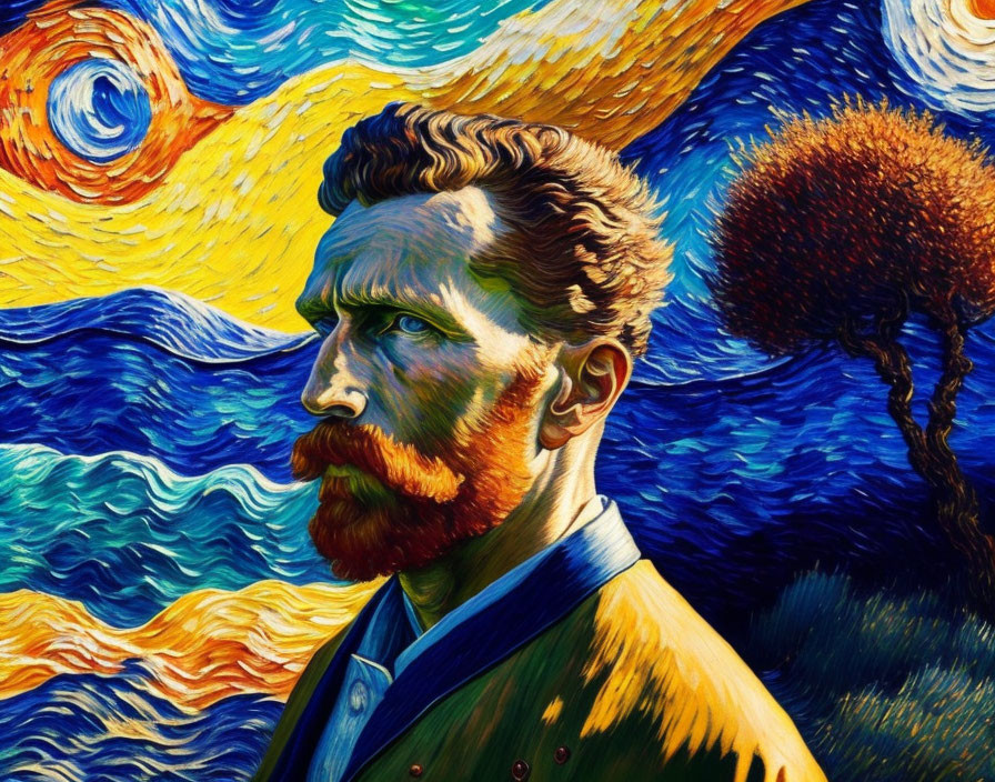 Bearded man in suit blended with Van Gogh-inspired starry night sky