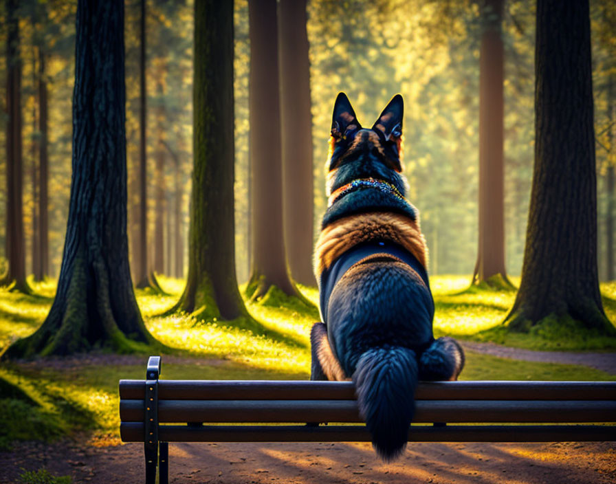 German Shepherd Dog Sitting on Park Bench in Sunlit Forest