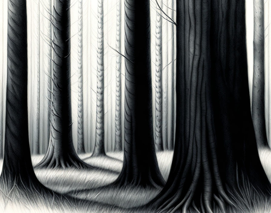 Monochrome sketch of serene forest with tall trees