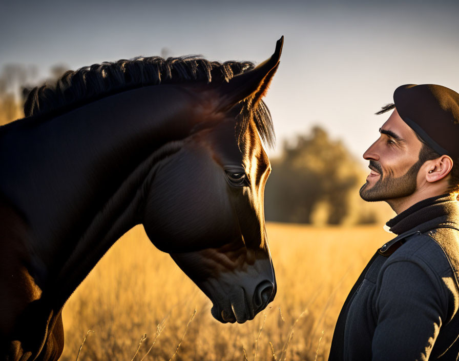 Man and horse share a moment in sunlit field