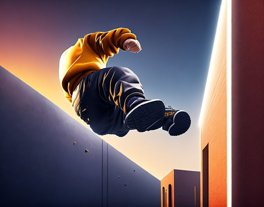 Person in Orange Hoodie Jumping Over Wall at Dusk Sky