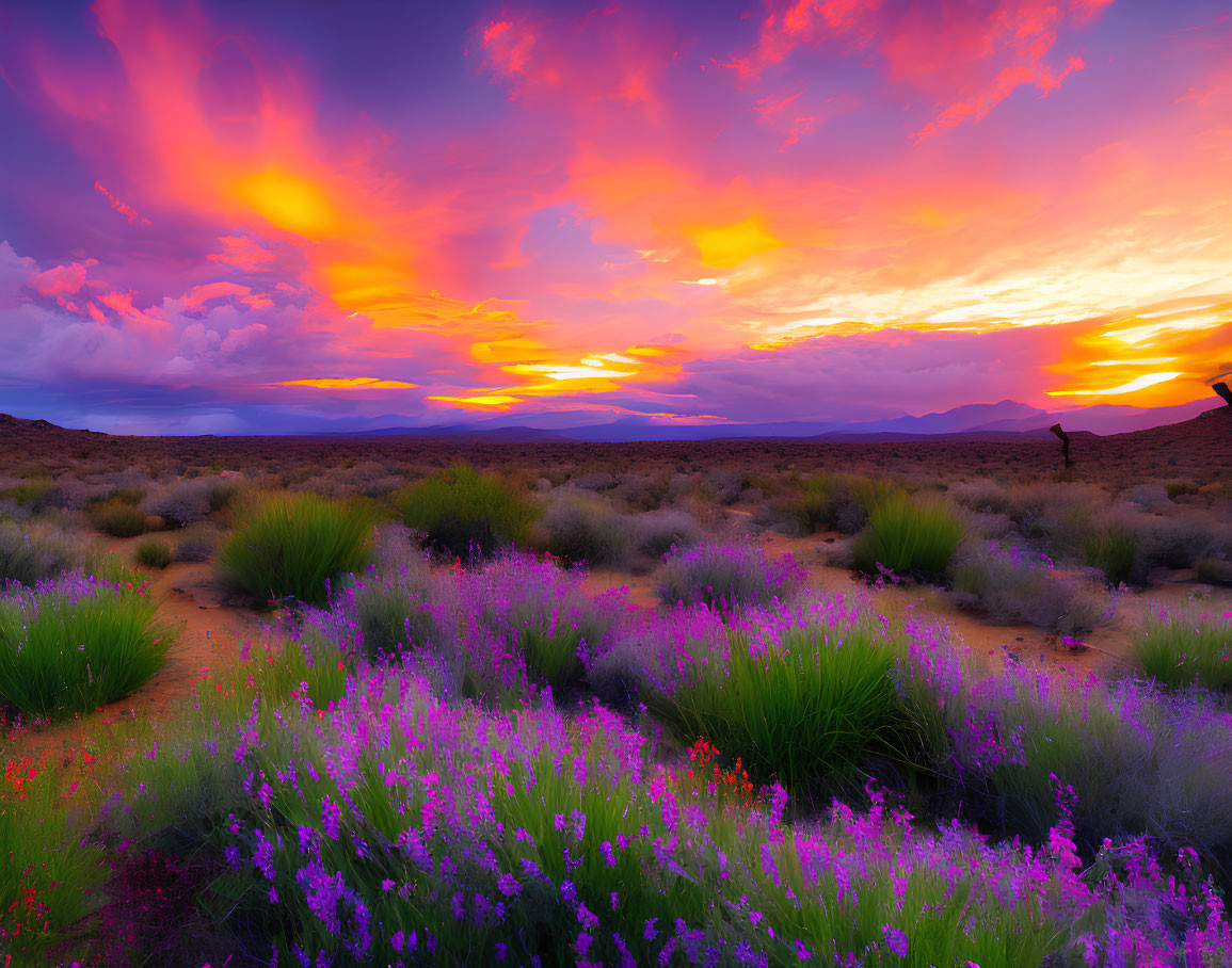 Colorful desert sunset with purple wildflowers, green shrubs, and distant mountains