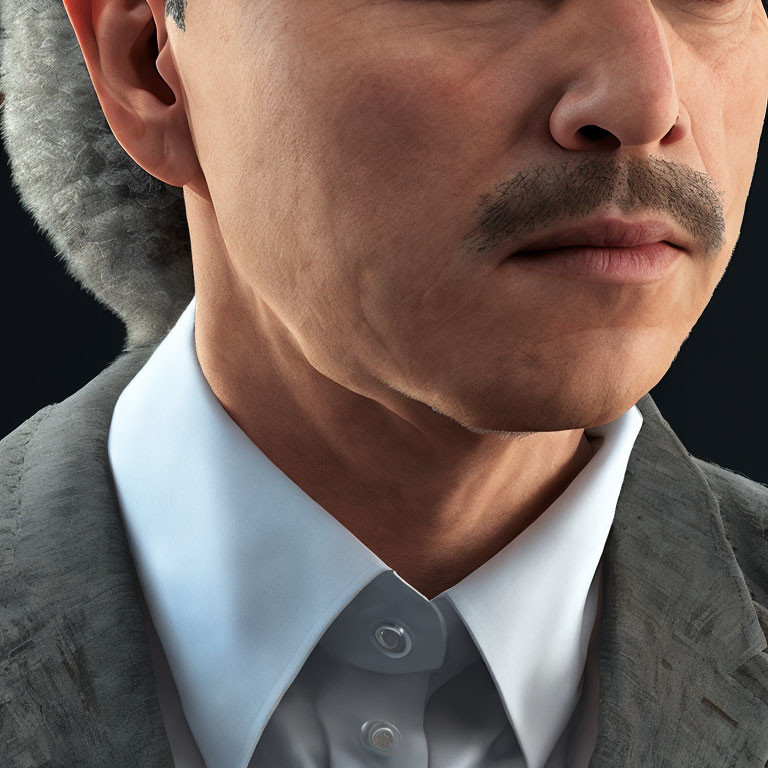 Man's Lower Face and Neck with Mustache, White Shirt Collar, Gray Jacket on Dark Background