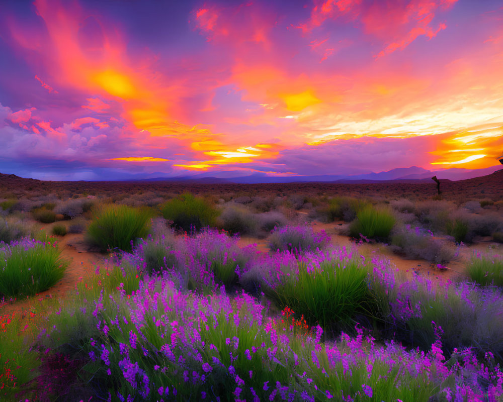 Colorful desert sunset with purple wildflowers, green shrubs, and distant mountains