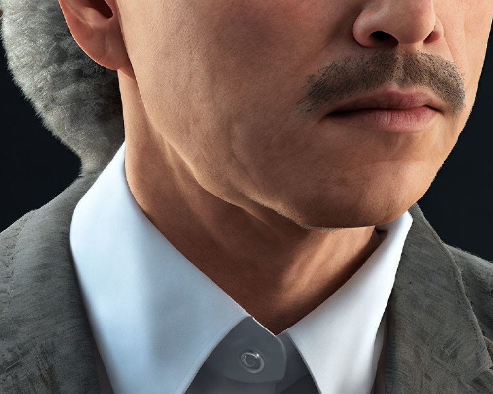 Man's Lower Face and Neck with Mustache, White Shirt Collar, Gray Jacket on Dark Background