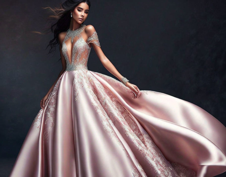 Elegant woman in pink gown with lace details on dark backdrop