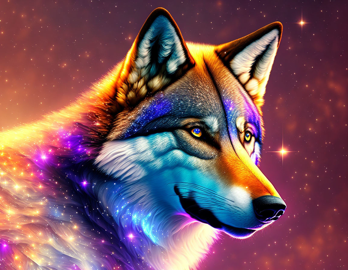 Vibrant digital artwork: Cosmic wolf with orange and blue fur