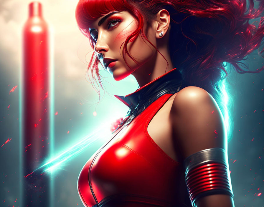 Stylized illustration of woman with red hair and futuristic attire emitting blue glow.