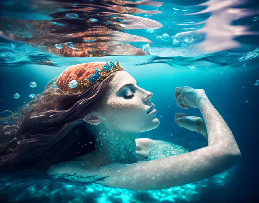 Woman with tiara underwater surrounded by fish in tranquil blue setting