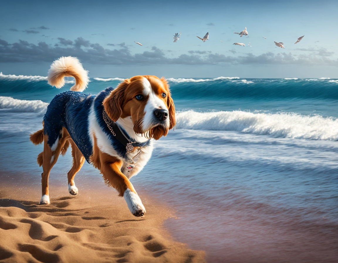 Blue-jacketed dog walking on sandy beach with ocean waves and seagulls